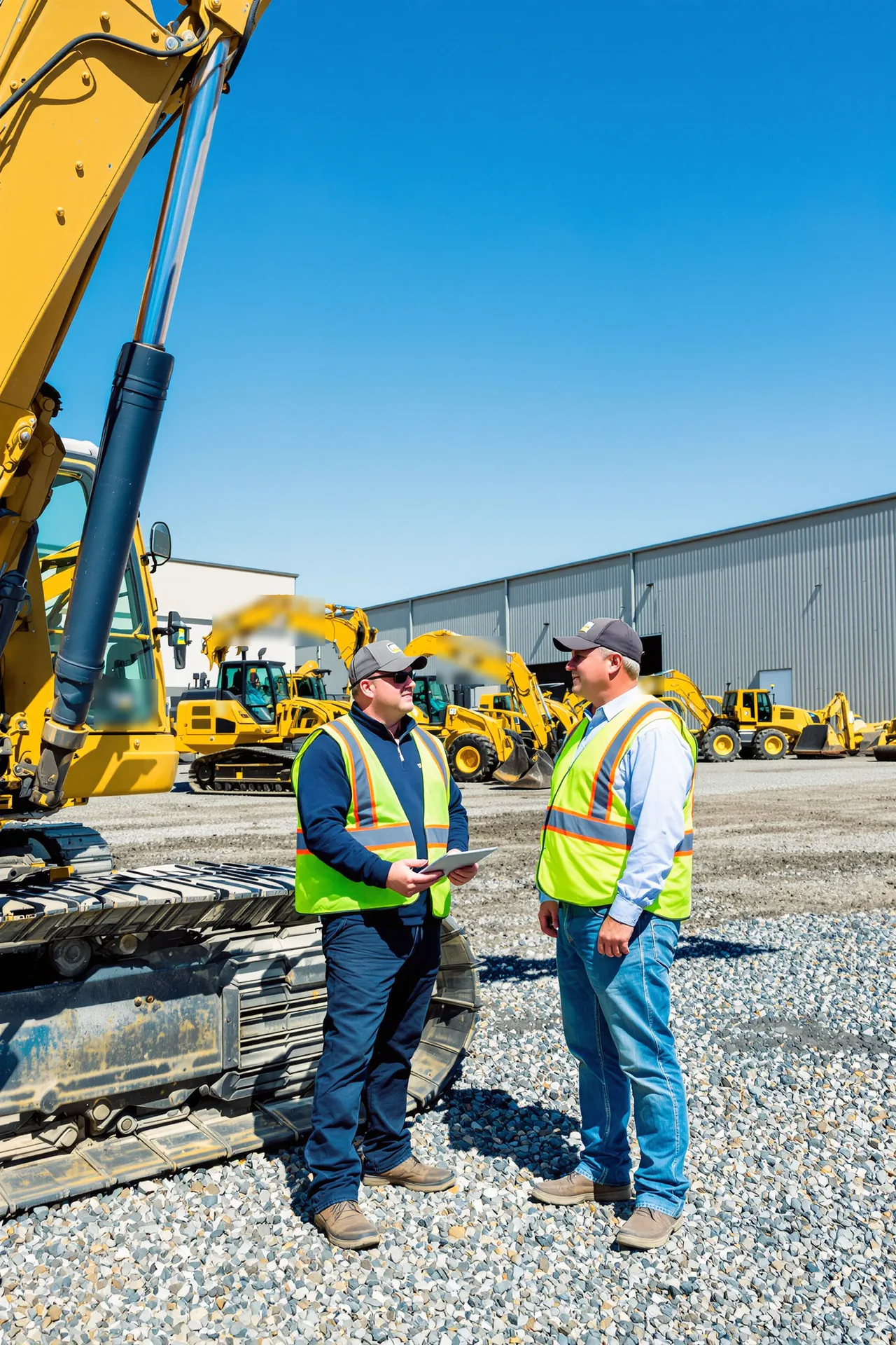A dealer and a contractor talking beside an excavator on an equipment lot