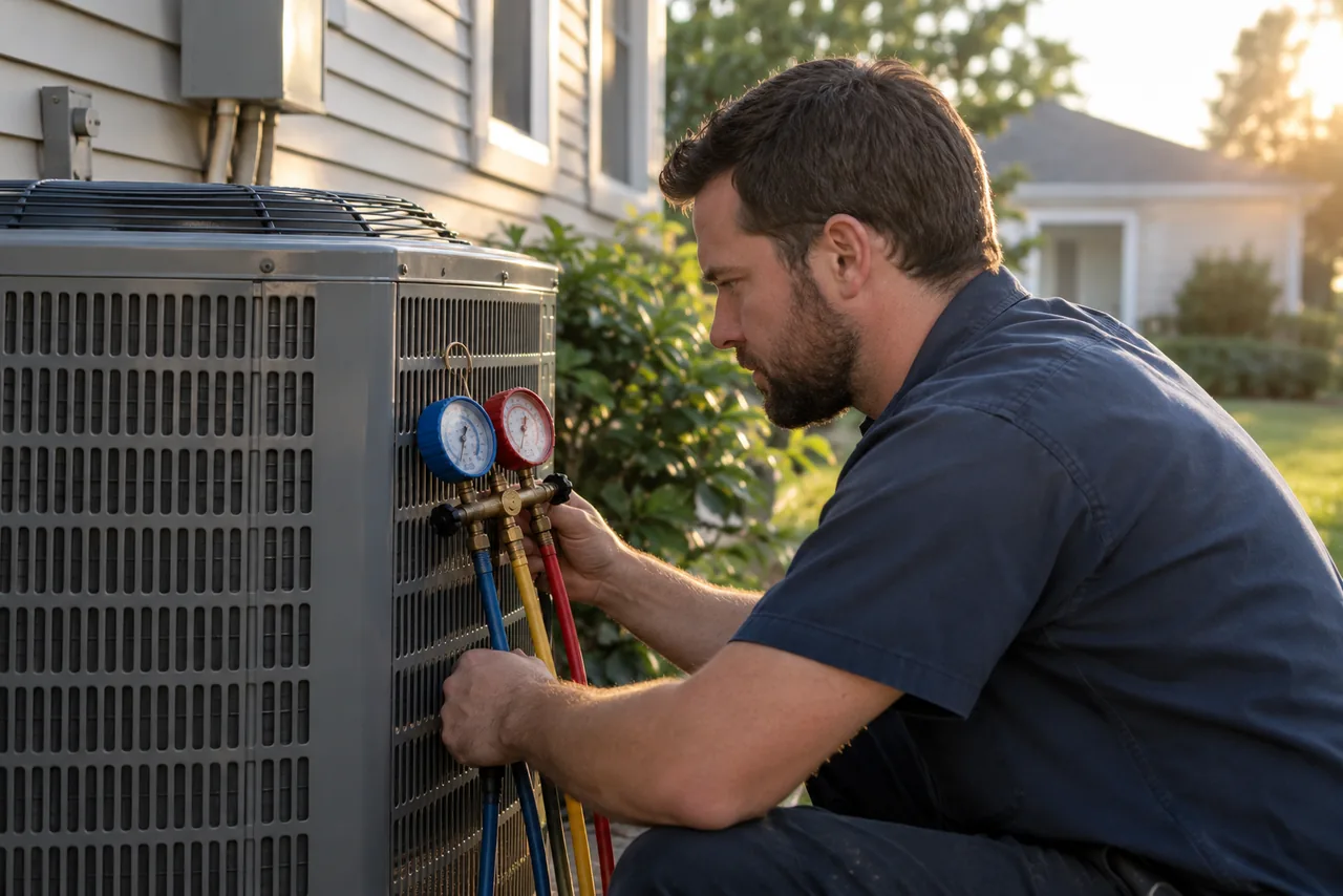 An HVAC technician reading gauges at a condenser unit